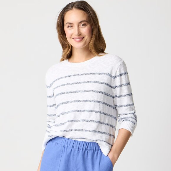 J. Crew Women's Striped crewneck beach sweater Large White Ant Navy Beach Color - Picture 1 of 6